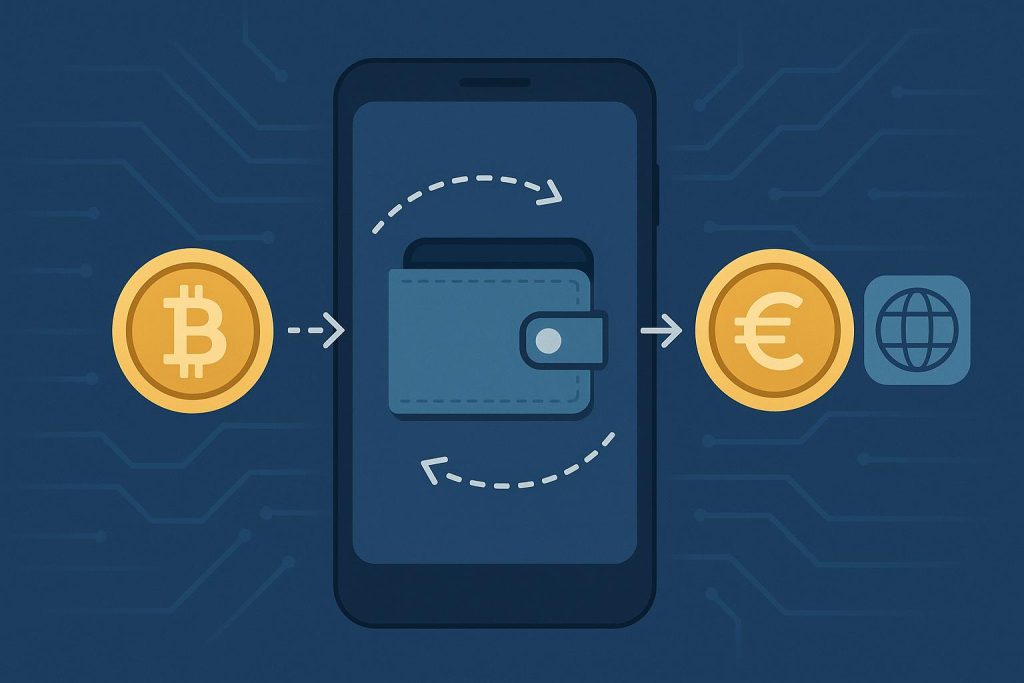 Digital currency symbols and mobile wallet app icons illustrating global payment integration