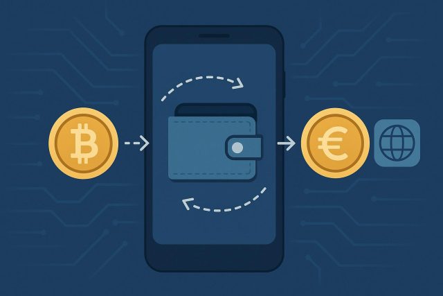 Digital currency symbols and mobile wallet app icons illustrating global payment integration