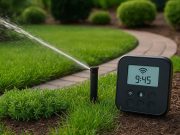 Smart irrigation system watering landscaped garden to conserve water and promote eco-friendly lawn care