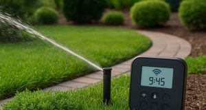 Smart irrigation system watering landscaped garden to conserve water and promote eco-friendly lawn care