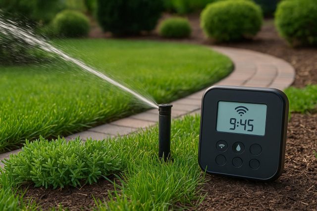 Smart irrigation system watering landscaped garden to conserve water and promote eco-friendly lawn care