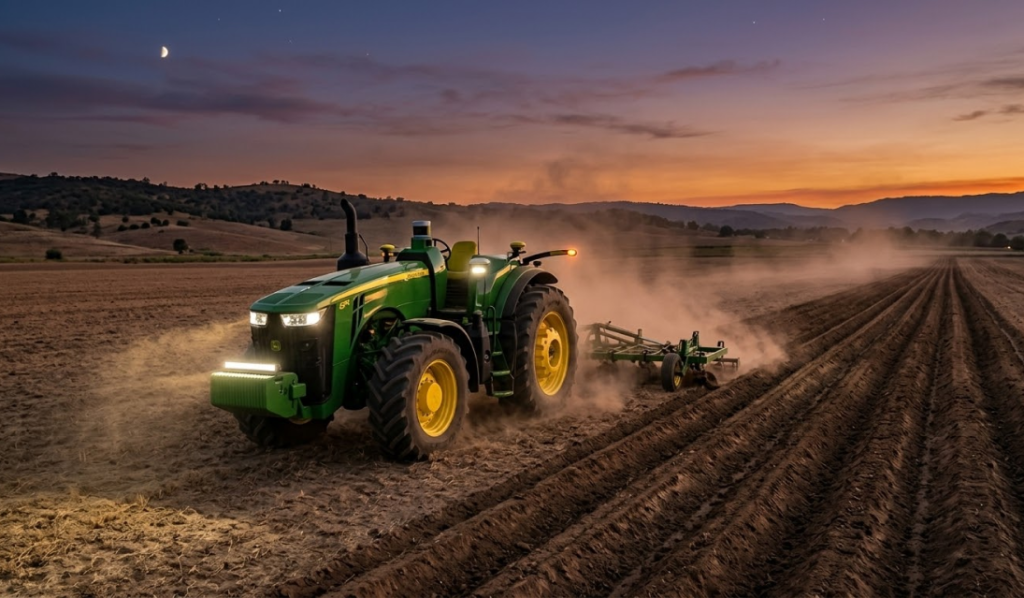 An autonomous tractor operating in a dusty field at dusk, demonstrating the demanding 24/7 duty cycle of modern AgTech machinery