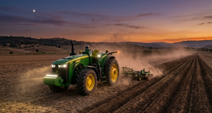 An autonomous tractor operating in a dusty field at dusk, demonstrating the demanding 24/7 duty cycle of modern AgTech machinery