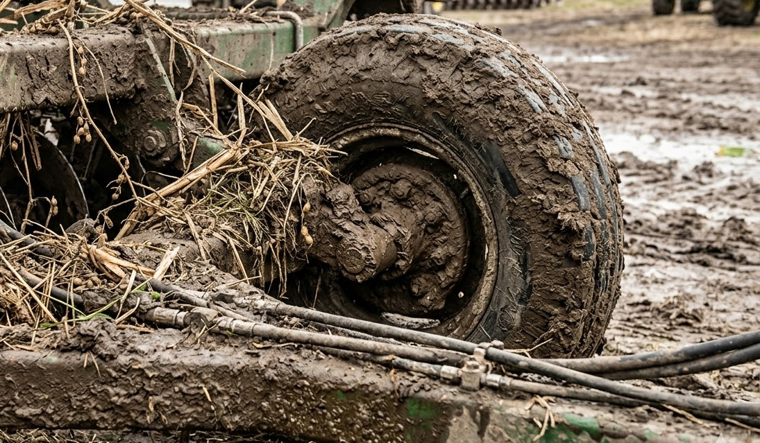 Close-up of agricultural machinery wheel and bearing housing heavily caked in mud and crop debris, highlighting the harsh environment that defeats fragile IoT sensors