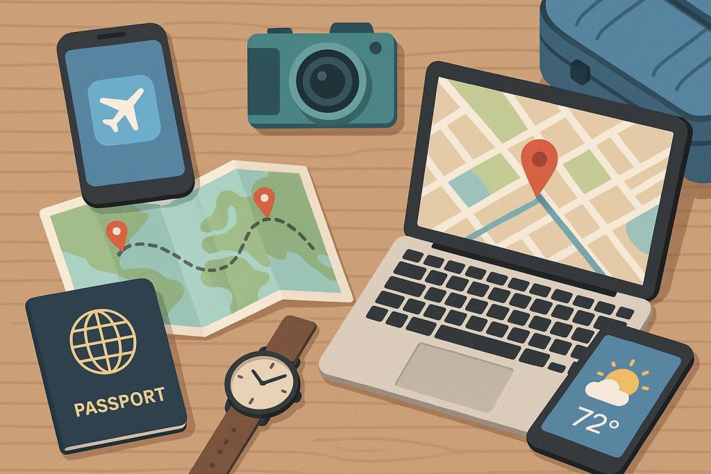 Smartphone, tablet, and travel accessories arranged on a map, representing essential travel tech