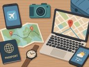 Smartphone, tablet, and travel accessories arranged on a map, representing essential travel tech