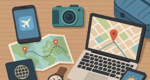 Smartphone, tablet, and travel accessories arranged on a map, representing essential travel tech