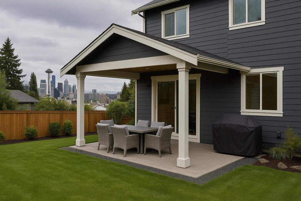 Modern outdoor patio with weather-resistant cover on a new Seattle home, surrounded by greenery