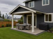 Modern outdoor patio with weather-resistant cover on a new Seattle home, surrounded by greenery
