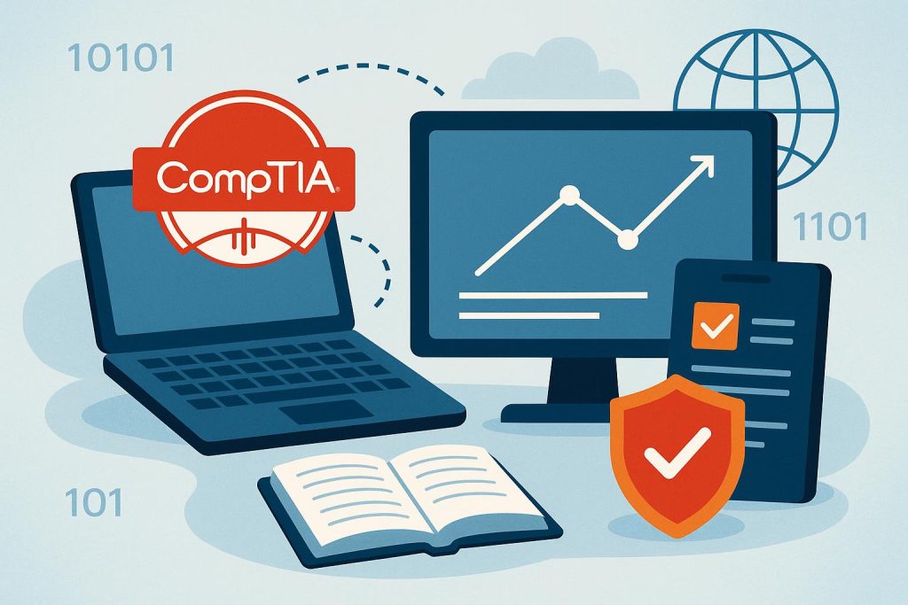 CompTIA certification badges and study materials symbolizing IT career growth and exam preparation
