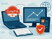 CompTIA certification badges and study materials symbolizing IT career growth and exam preparation