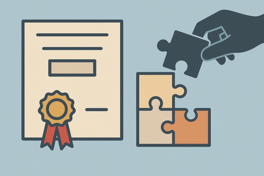 Certification badges, technical diagrams, and problem-solving icons representing career development