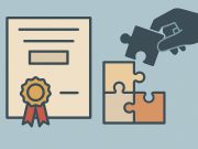 Certification badges, technical diagrams, and problem-solving icons representing career development