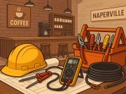 Commercial electricians wiring and installing electrical systems in a Naperville coffee shop