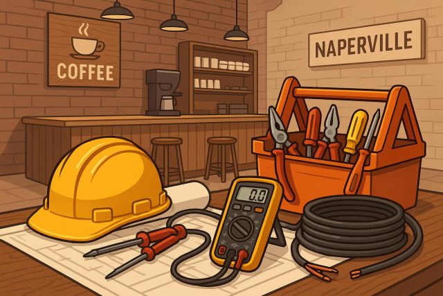 Commercial electricians wiring and installing electrical systems in a Naperville coffee shop