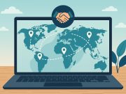 Laptop on a cafe table with world map in background, symbolizing remote global work networking