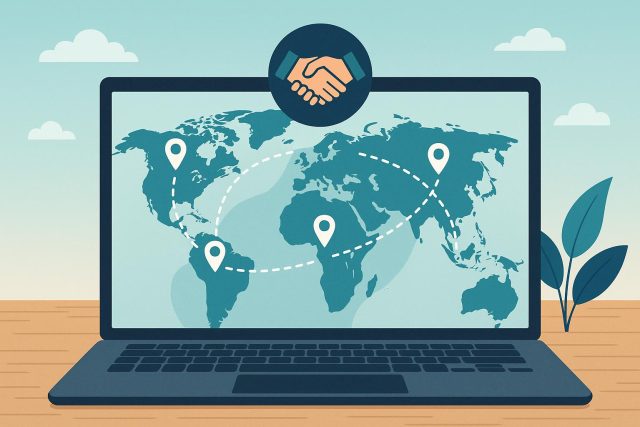 Laptop on a cafe table with world map in background, symbolizing remote global work networking