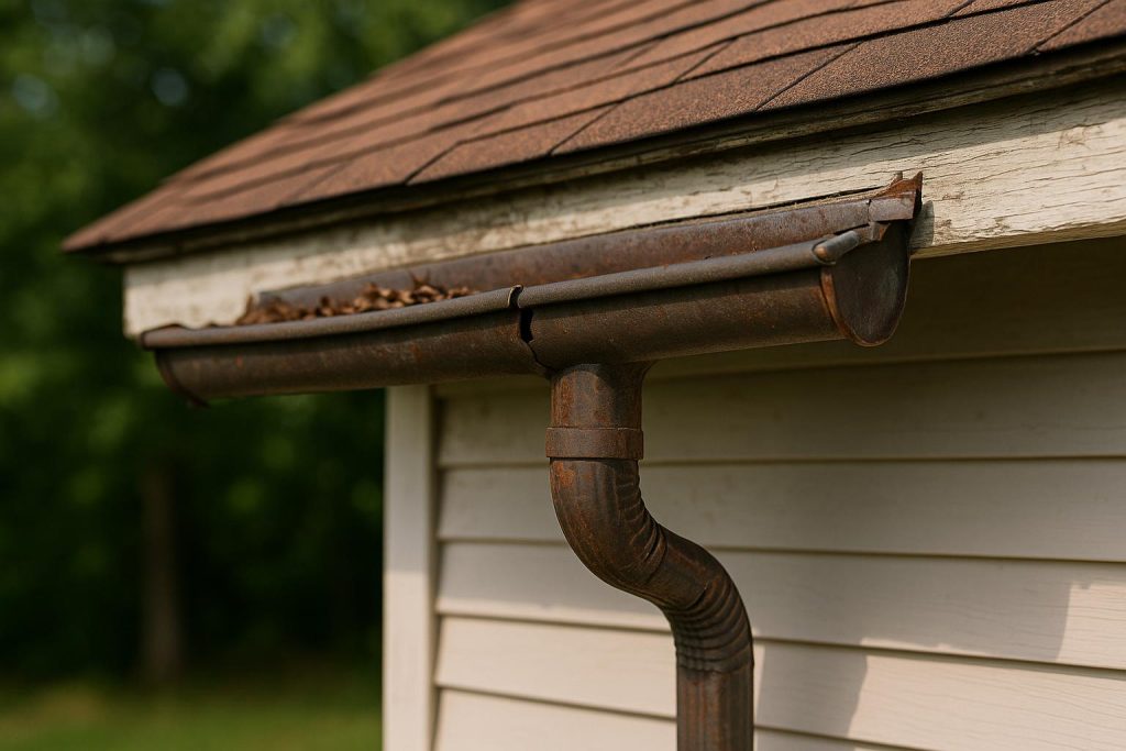 Damaged and clogged house gutters overflowing with water, showing signs they need replacement