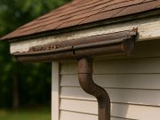 Damaged and clogged house gutters overflowing with water, showing signs they need replacement