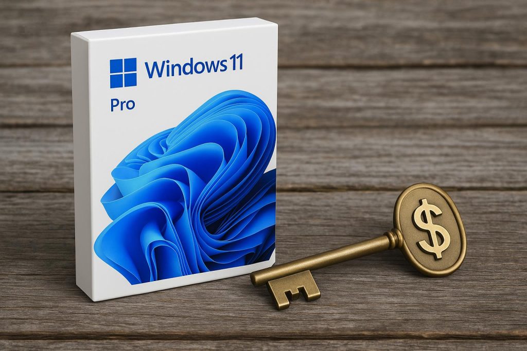 Windows 11 Pro product key on laptop screen with budget-friendly price tag and licensing icons