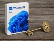 Windows 11 Pro product key on laptop screen with budget-friendly price tag and licensing icons