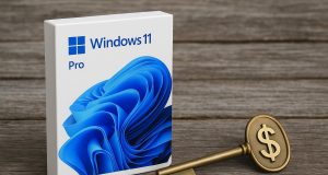 Windows 11 Pro product key on laptop screen with budget-friendly price tag and licensing icons