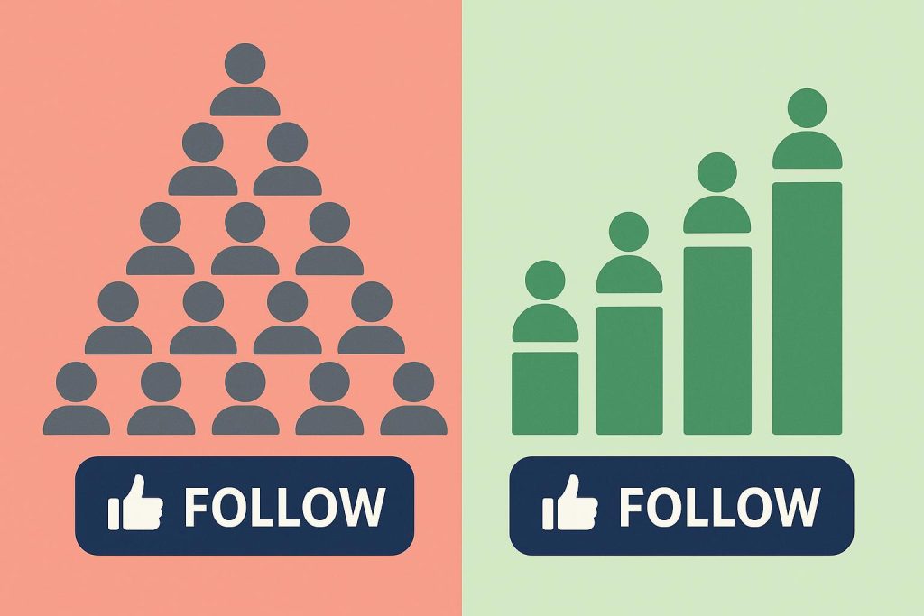 Social media follower graph comparing artificial growth to sustainable audience increase