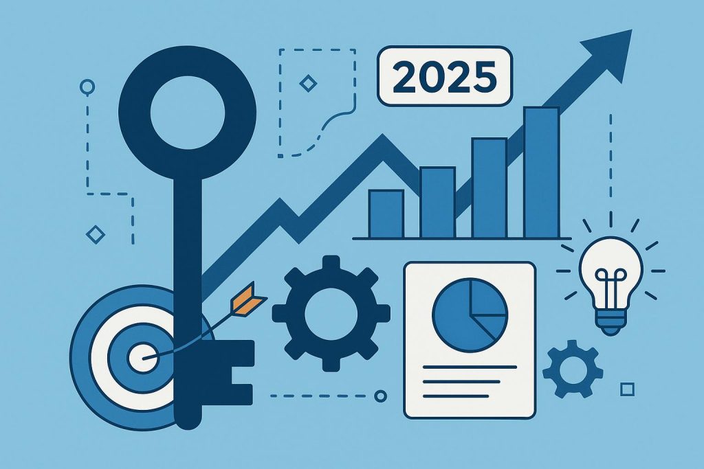 Modern business strategy concept with charts, graphs, and digital tools symbolizing efficiency