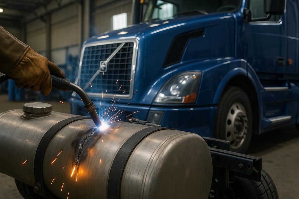 Welding repair being performed on a Volvo semi truck fuel tank in Orlando repair workshop