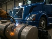 Welding repair being performed on a Volvo semi truck fuel tank in Orlando repair workshop