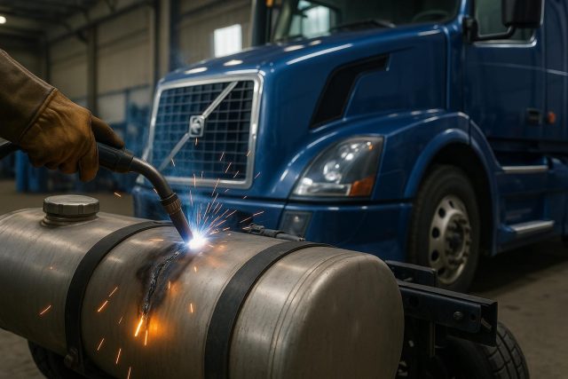 Welding repair being performed on a Volvo semi truck fuel tank in Orlando repair workshop