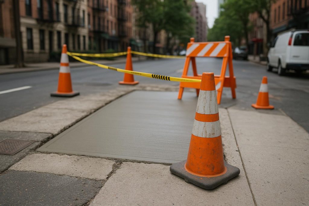 Concrete sidewalk repair work with construction tools and orange safety cones in New York City