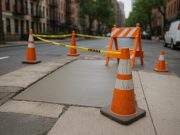 Concrete sidewalk repair work with construction tools and orange safety cones in New York City
