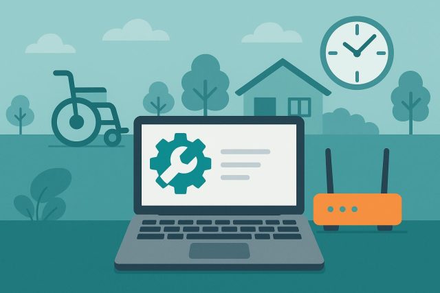 IT technician quickly troubleshooting computer systems in a senior living community office