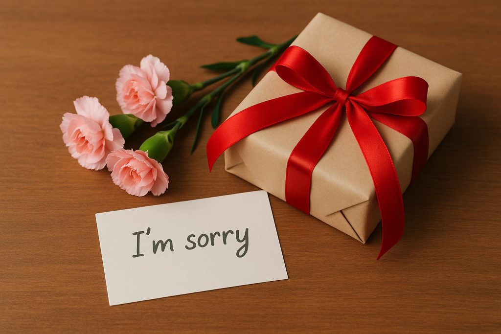 Beautifully wrapped gift box with a handwritten apology note and fresh flowers on a table