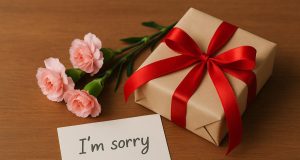 Beautifully wrapped gift box with a handwritten apology note and fresh flowers on a table