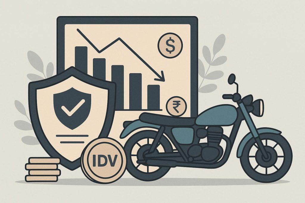 Two-wheeler with depreciation graph illustrating impact on insurance IDV value