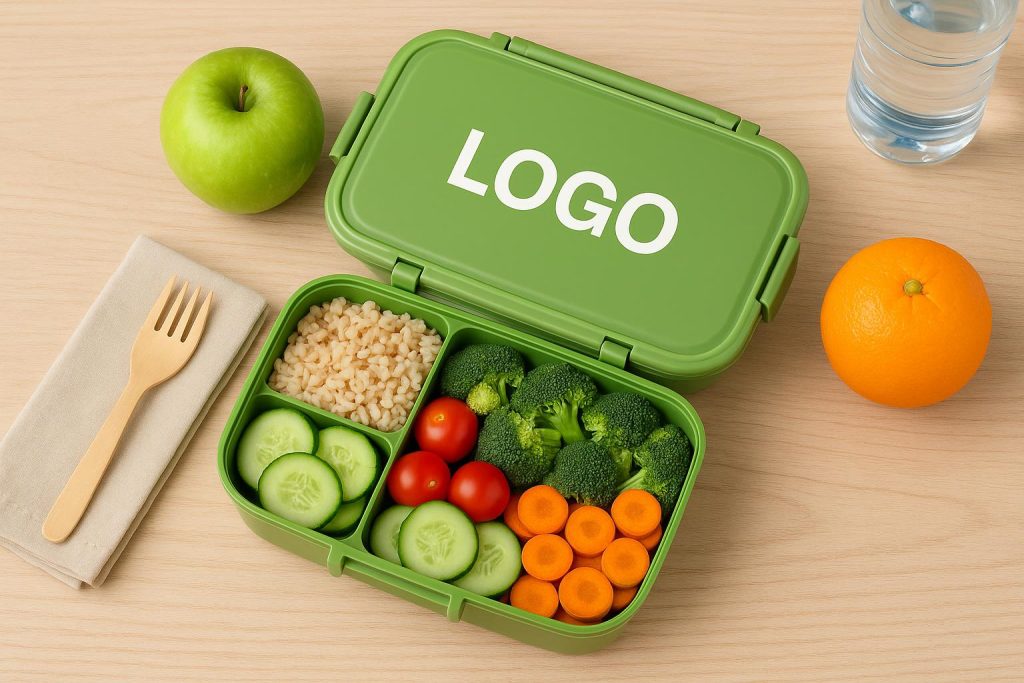 Custom lunch box with healthy food, representing branding and workplace wellness strategy