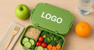 Custom lunch box with healthy food, representing branding and workplace wellness strategy