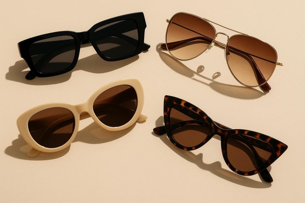 Assorted trendy sunglasses displayed on a stylish white surface showcasing latest fashion styles