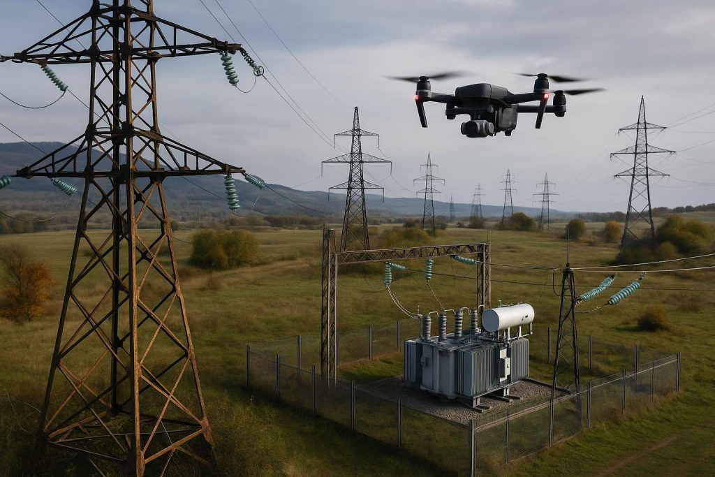 Drone inspecting power lines to monitor and maintain aging energy infrastructure for reliability