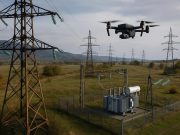 Drone inspecting power lines to monitor and maintain aging energy infrastructure for reliability