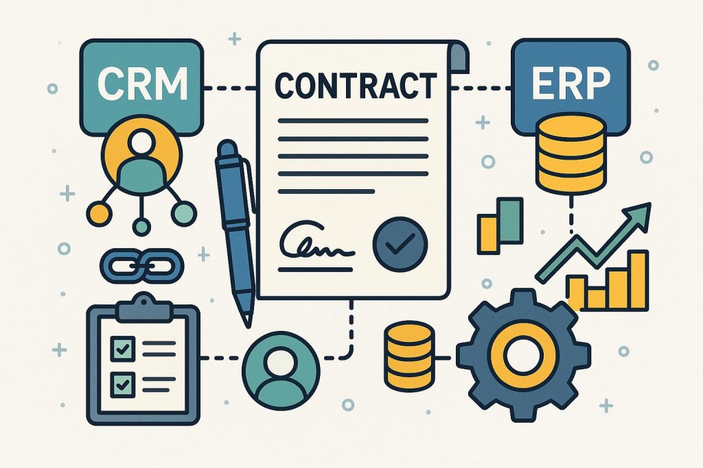 Dashboard displaying contract management software with integrated CRM and ERP features