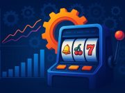 Close-up of modern slot machine reels and digital interface illustrating machine game mechanics