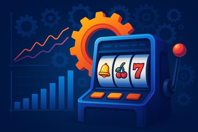 Close-up of modern slot machine reels and digital interface illustrating machine game mechanics