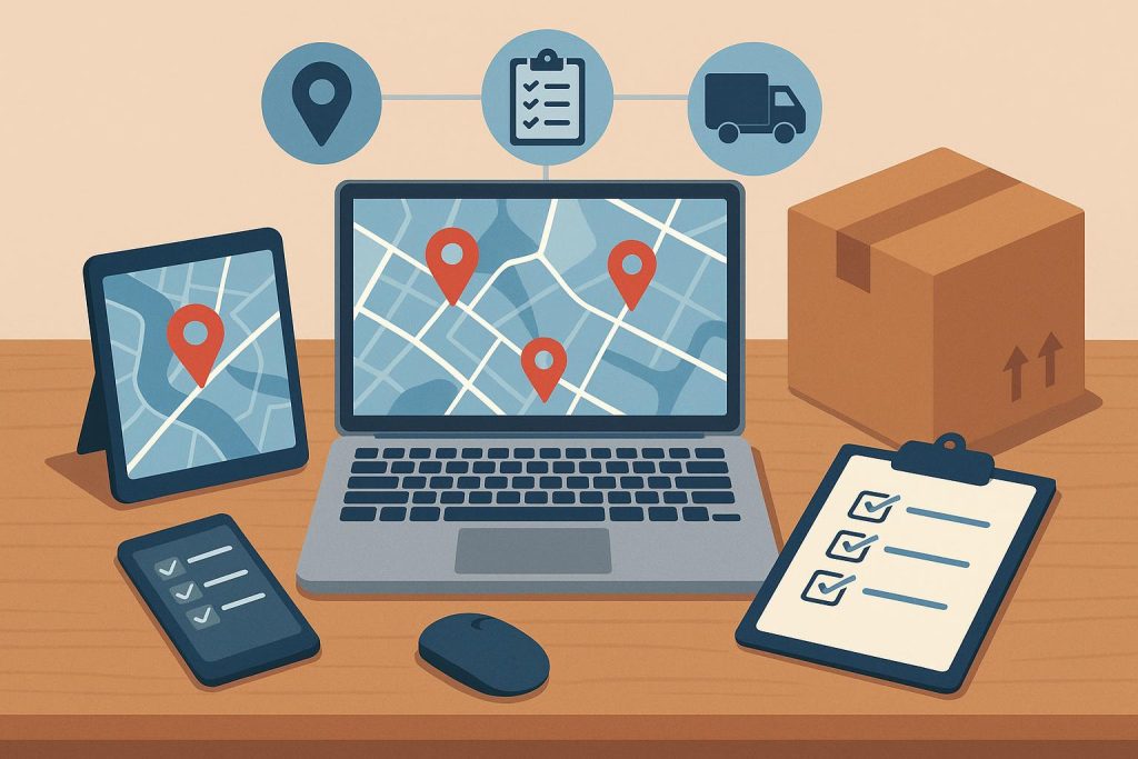 Delivery management dashboard with route maps and digital tools for efficient business logistics