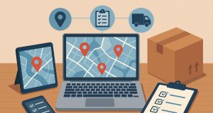 Delivery management dashboard with route maps and digital tools for efficient business logistics