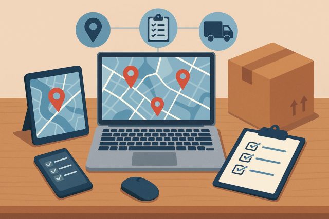 Delivery management dashboard with route maps and digital tools for efficient business logistics