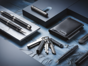The image showcases a sophisticated everyday carry setup for men, highlighting a sleek mechanical pencil inspired by Grafton Pens.