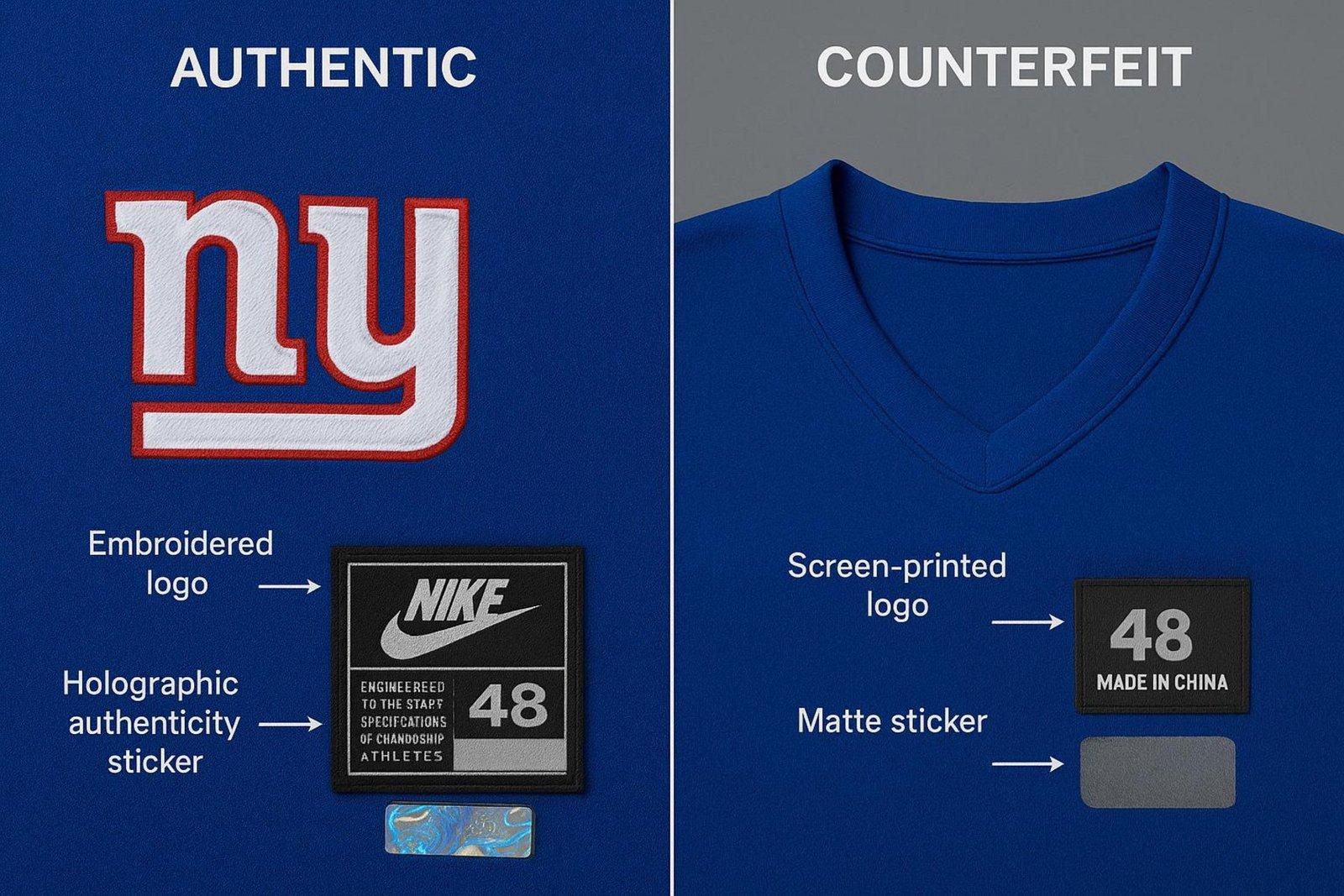 Infographic comparing authentic and counterfeit sports jerseys highlighting logo quality, tags, and stickers.